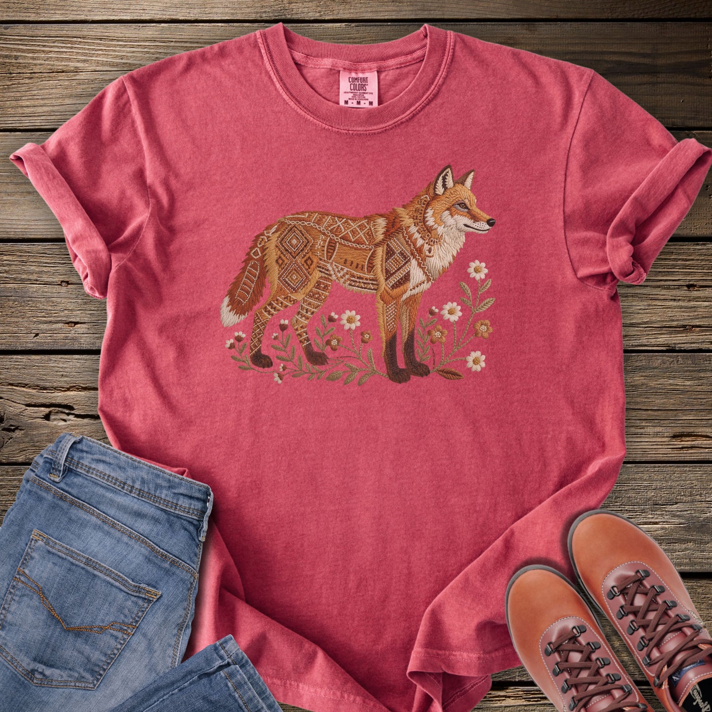 Faux Embroidery Embers of the Forest Fox T-Shirt