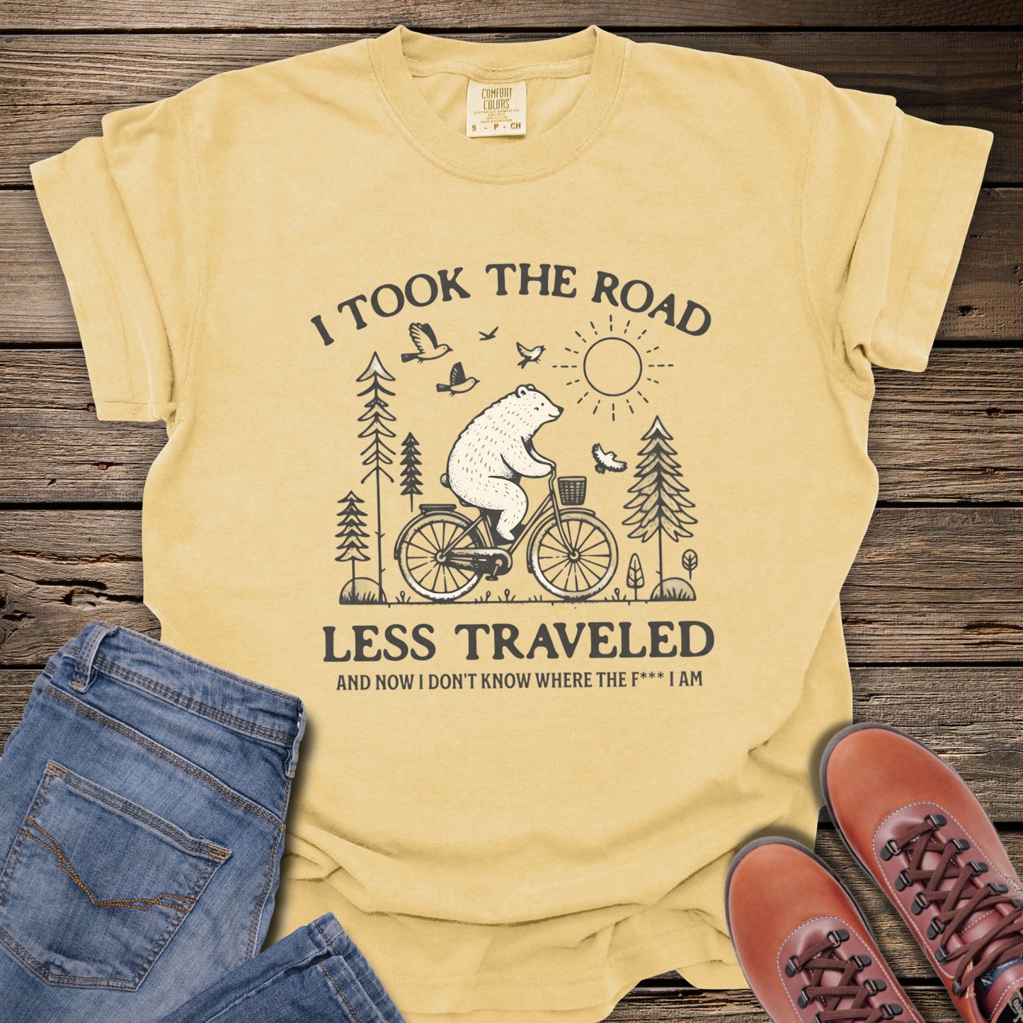 'I Took The Road Less Traveled' Bear Biking Vintage T-Shirt