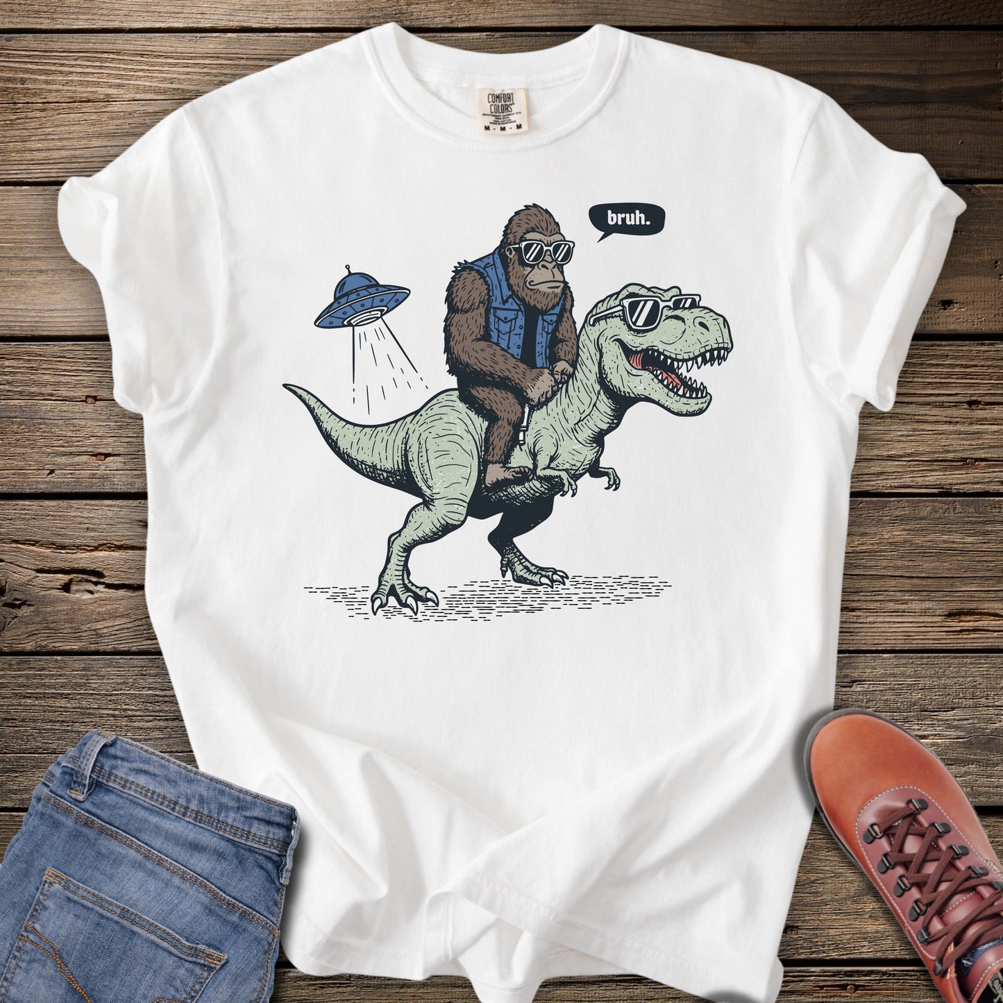 Sasquatch Riding T-Rex T-Shirt