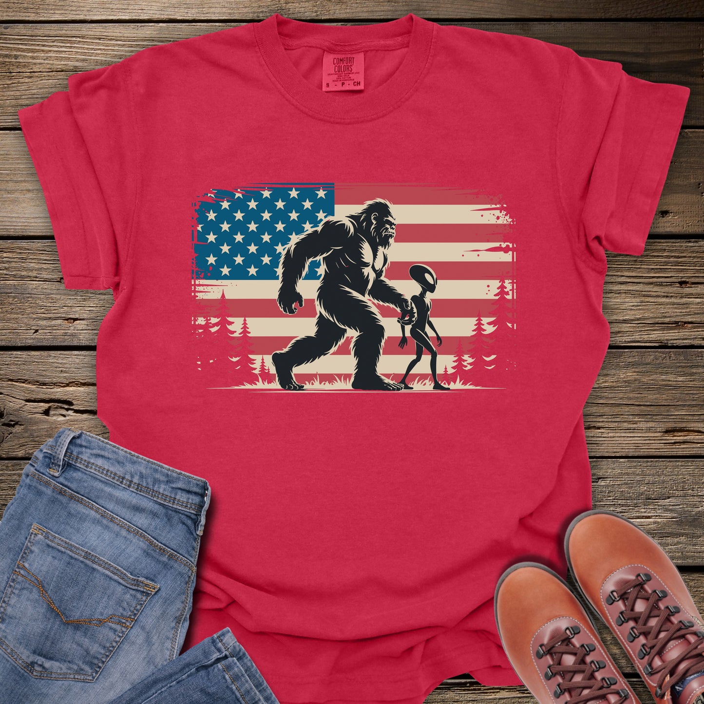 Bigfoot & Alien American Flag T-Shirt