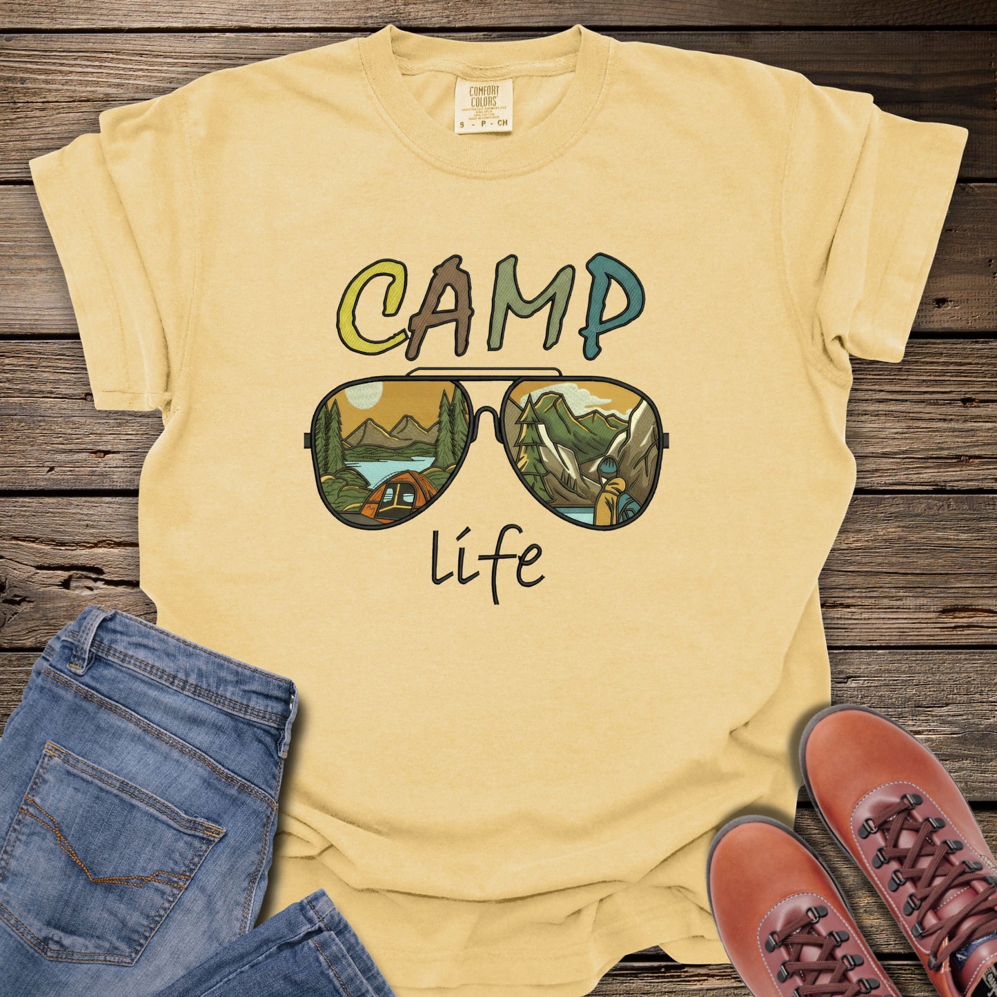 Faux Embroidery Camp Life Sunglasses T-Shirt