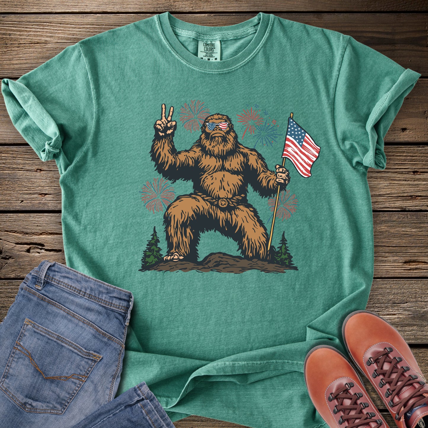 Bigfoot Holding American Flag T-Shirt