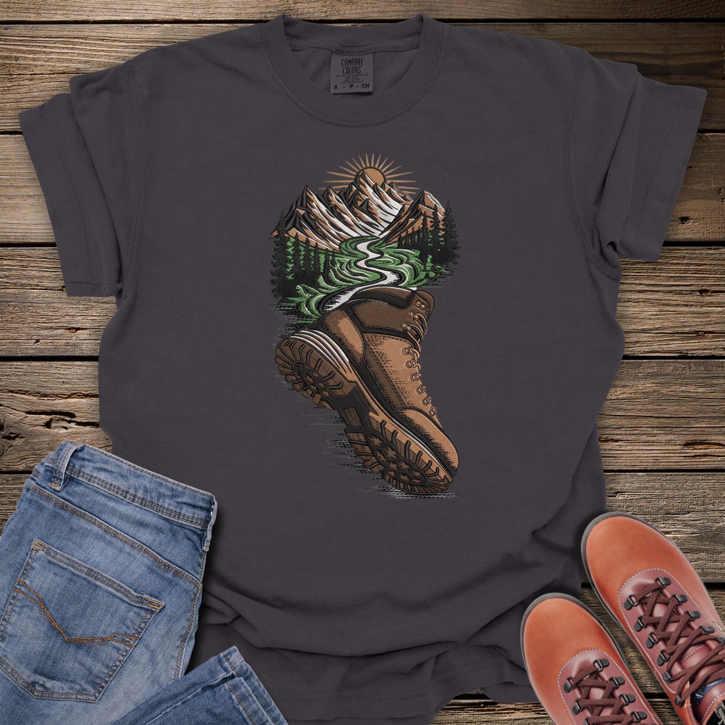 Faux Embroidery Trailboot Mountain T-Shirt
