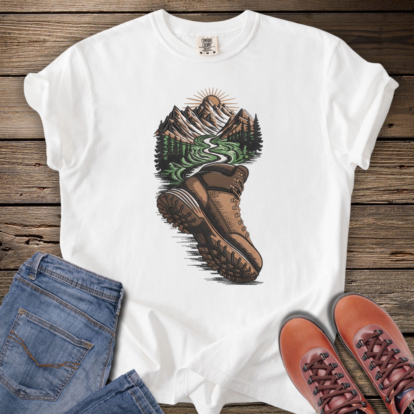 Faux Embroidery Trailboot Mountain T-Shirt