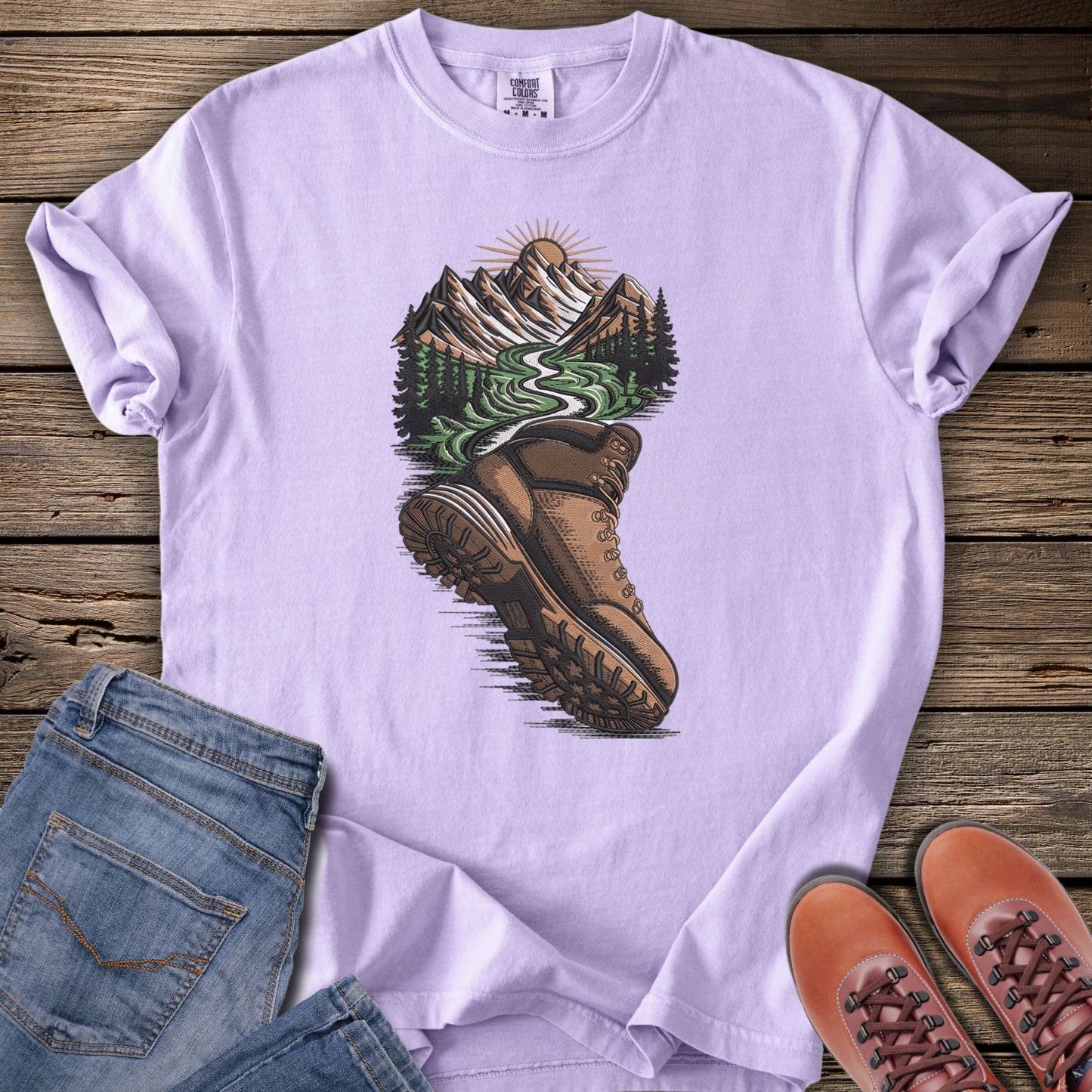Faux Embroidery Trailboot Mountain T-Shirt