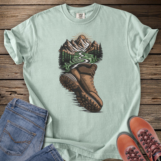Faux Embroidery Trailboot Mountain T-Shirt