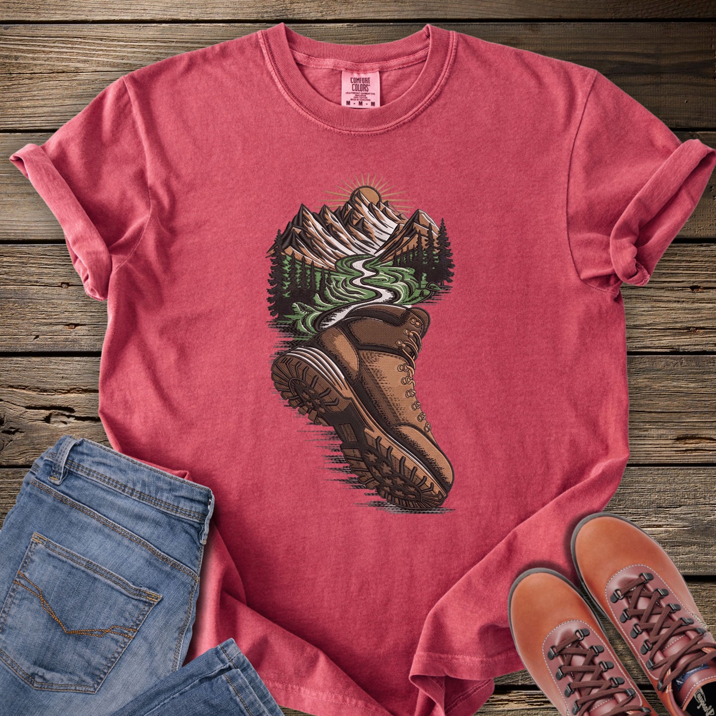 Faux Embroidery Trailboot Mountain T-Shirt
