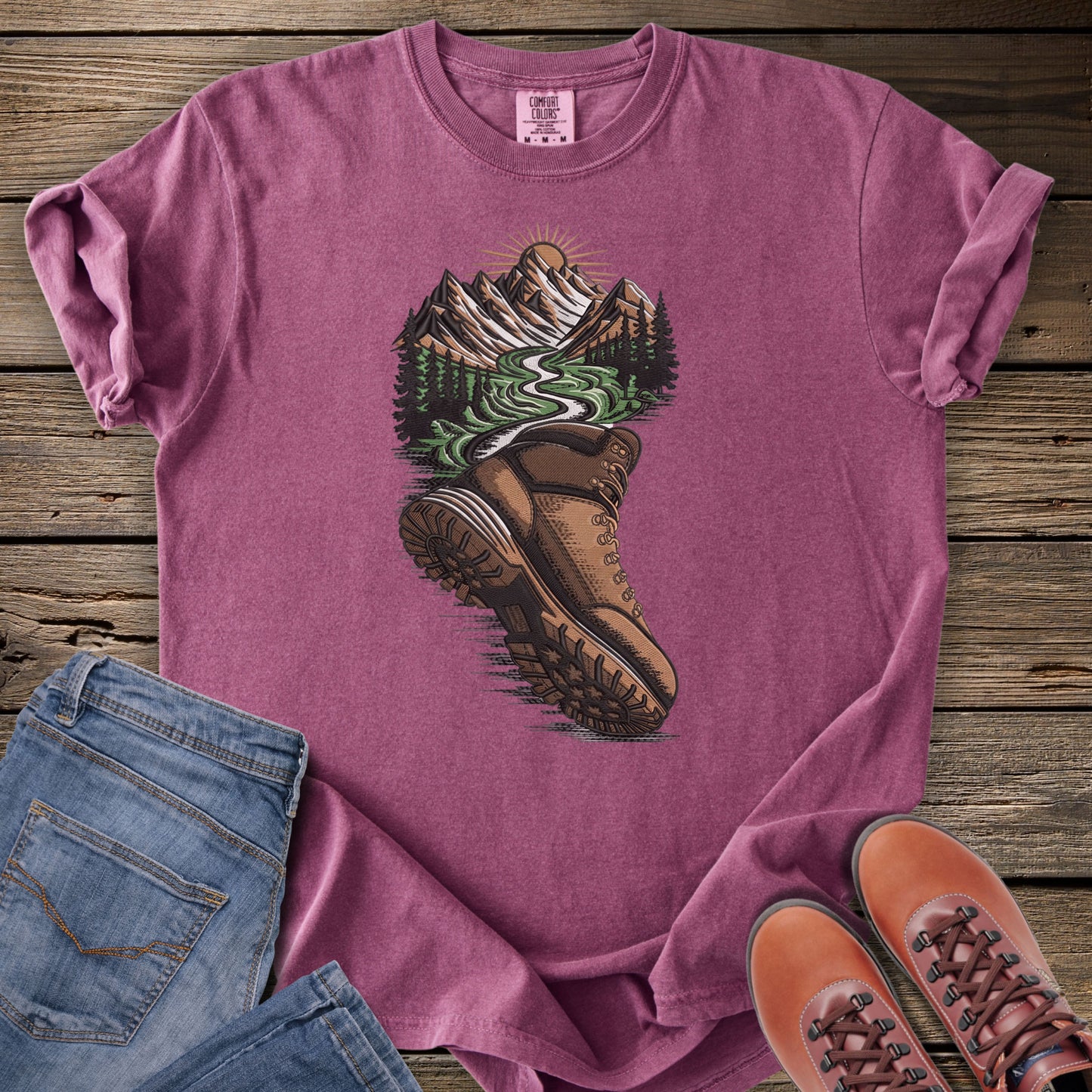 Faux Embroidery Trailboot Mountain T-Shirt
