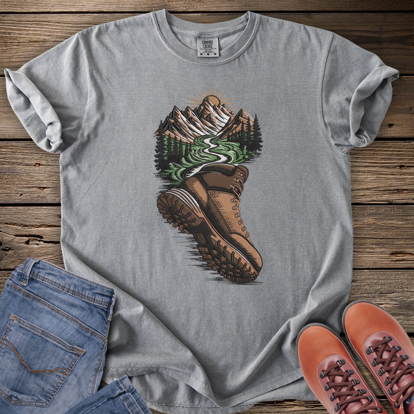 Faux Embroidery Trailboot Mountain T-Shirt