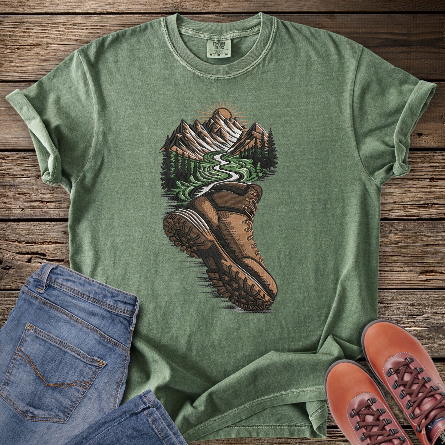 Faux Embroidery Trailboot Mountain T-Shirt