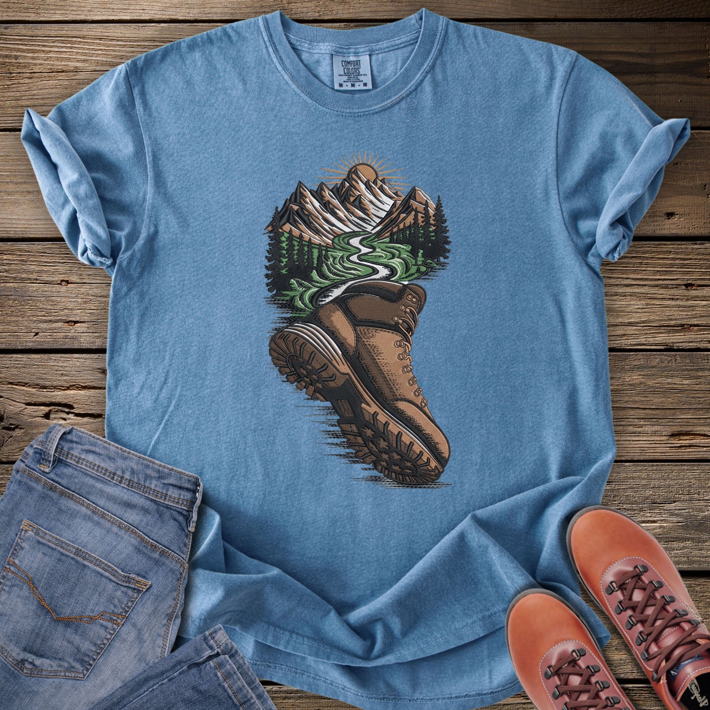 Faux Embroidery Trailboot Mountain T-Shirt