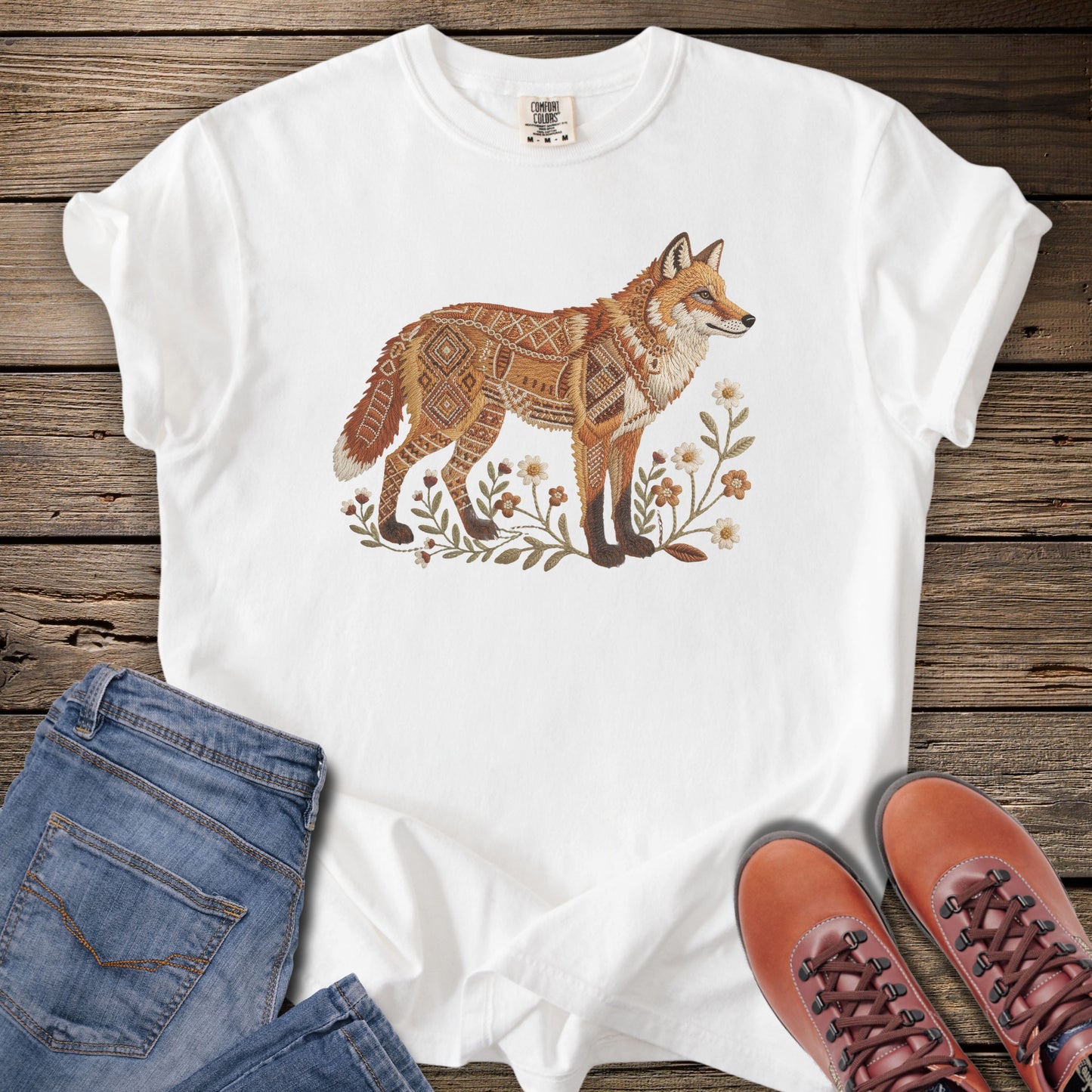 Faux Embroidery Embers of the Forest Fox T-Shirt