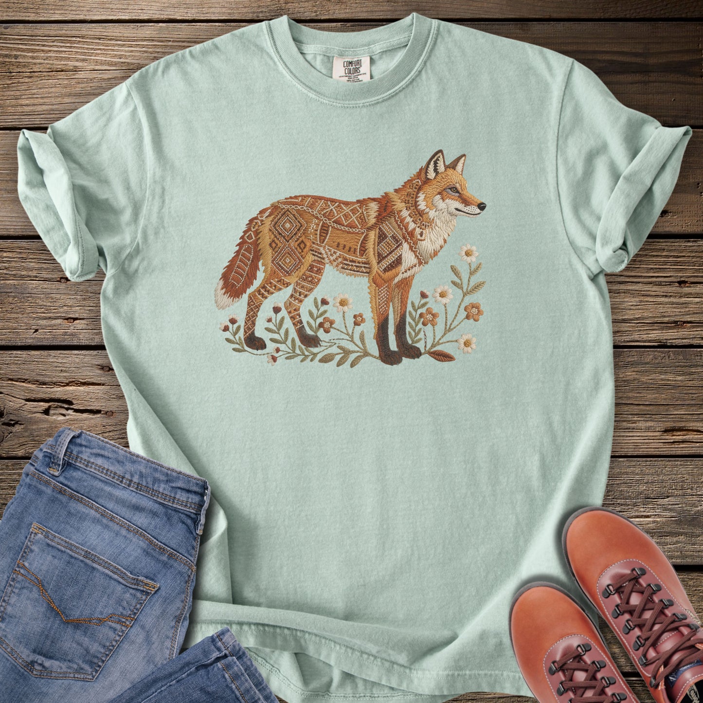 Faux Embroidery Embers of the Forest Fox T-Shirt