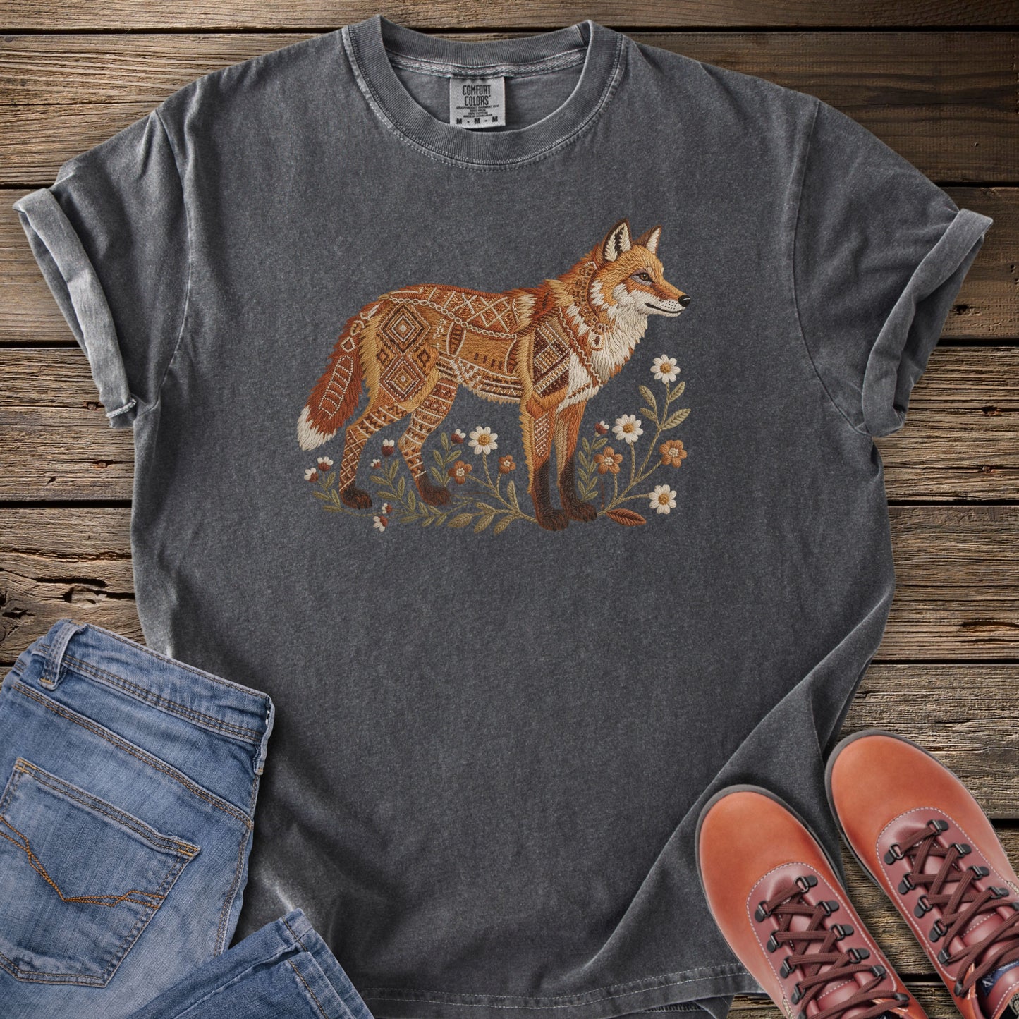 Faux Embroidery Embers of the Forest Fox T-Shirt