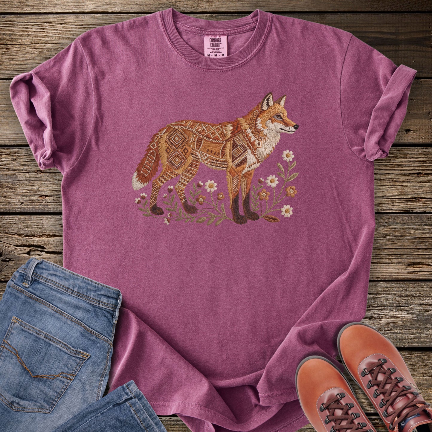 Faux Embroidery Embers of the Forest Fox T-Shirt