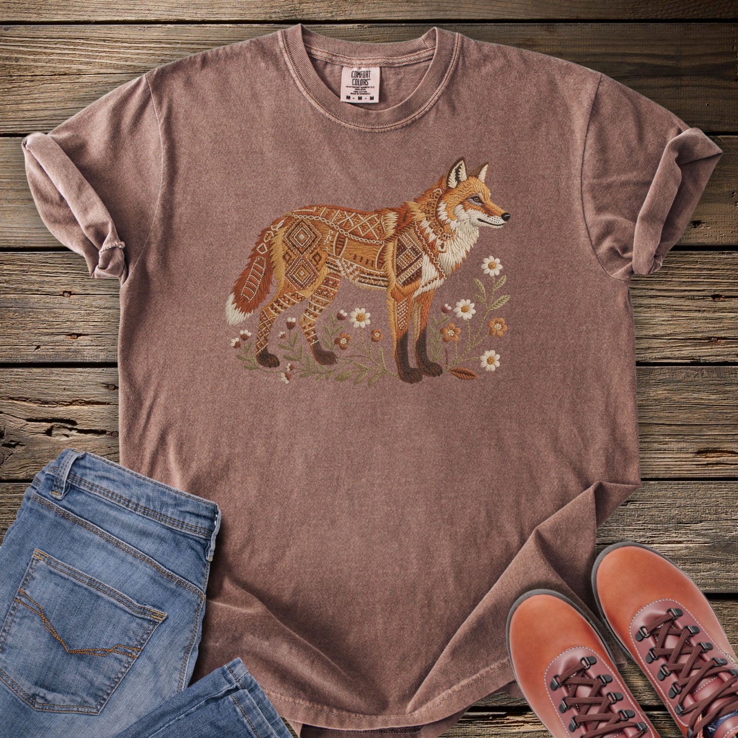 Faux Embroidery Embers of the Forest Fox T-Shirt