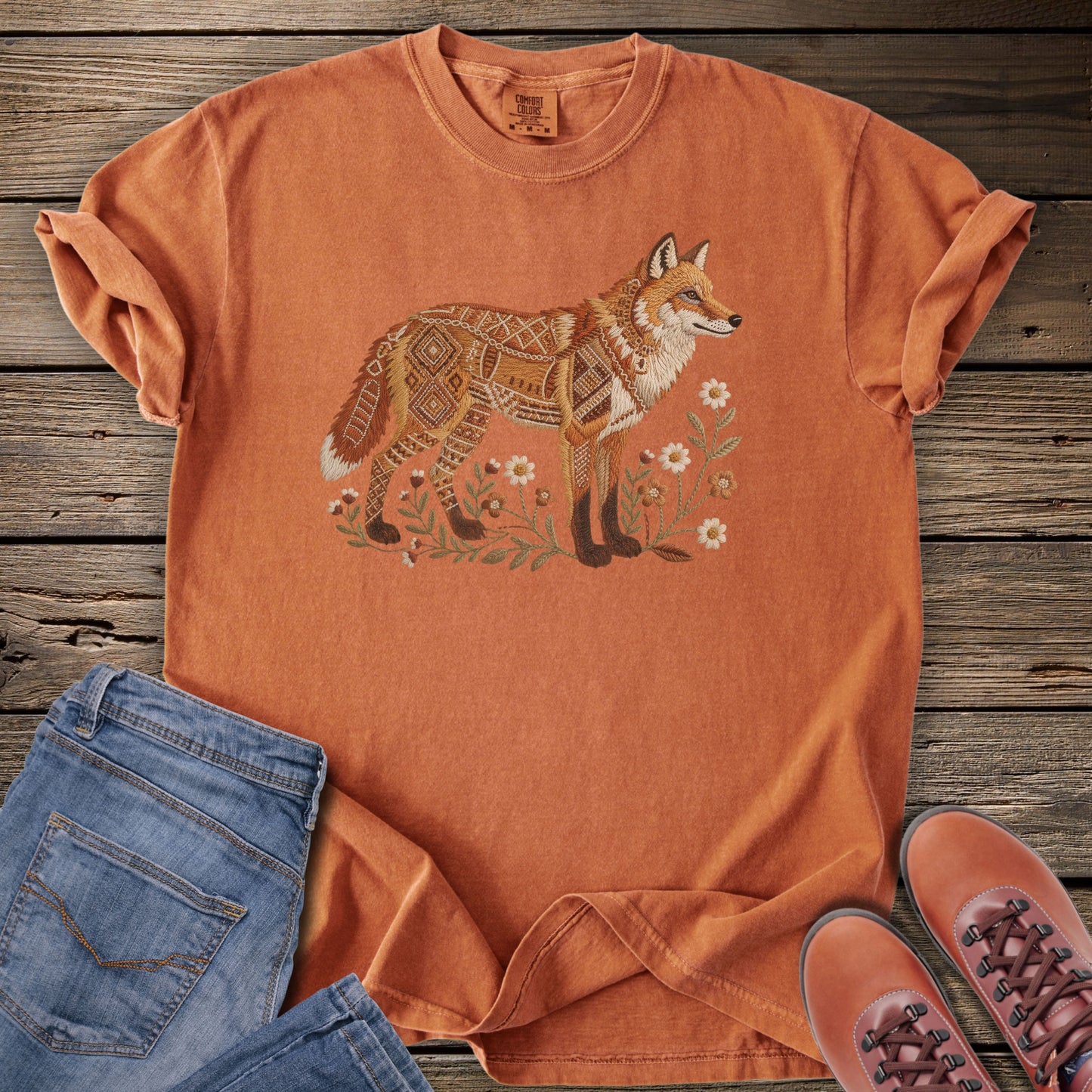 Faux Embroidery Embers of the Forest Fox T-Shirt