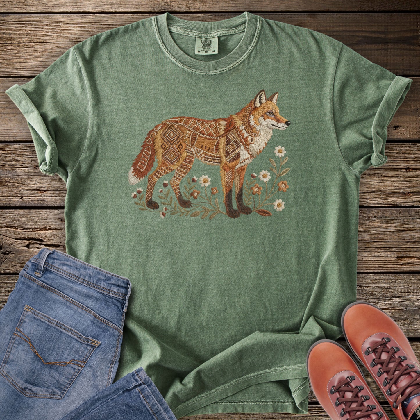 Faux Embroidery Embers of the Forest Fox T-Shirt