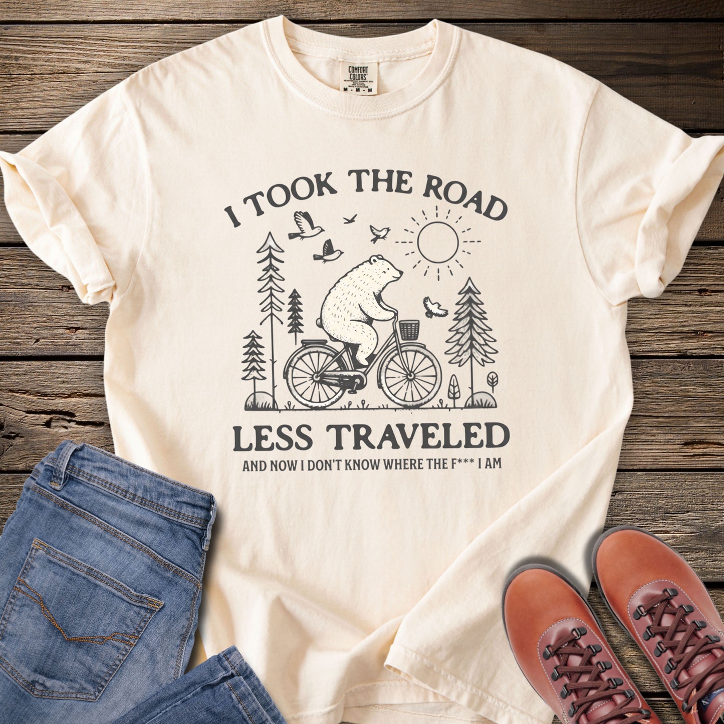 'I Took The Road Less Traveled' Bear Biking Vintage T-Shirt