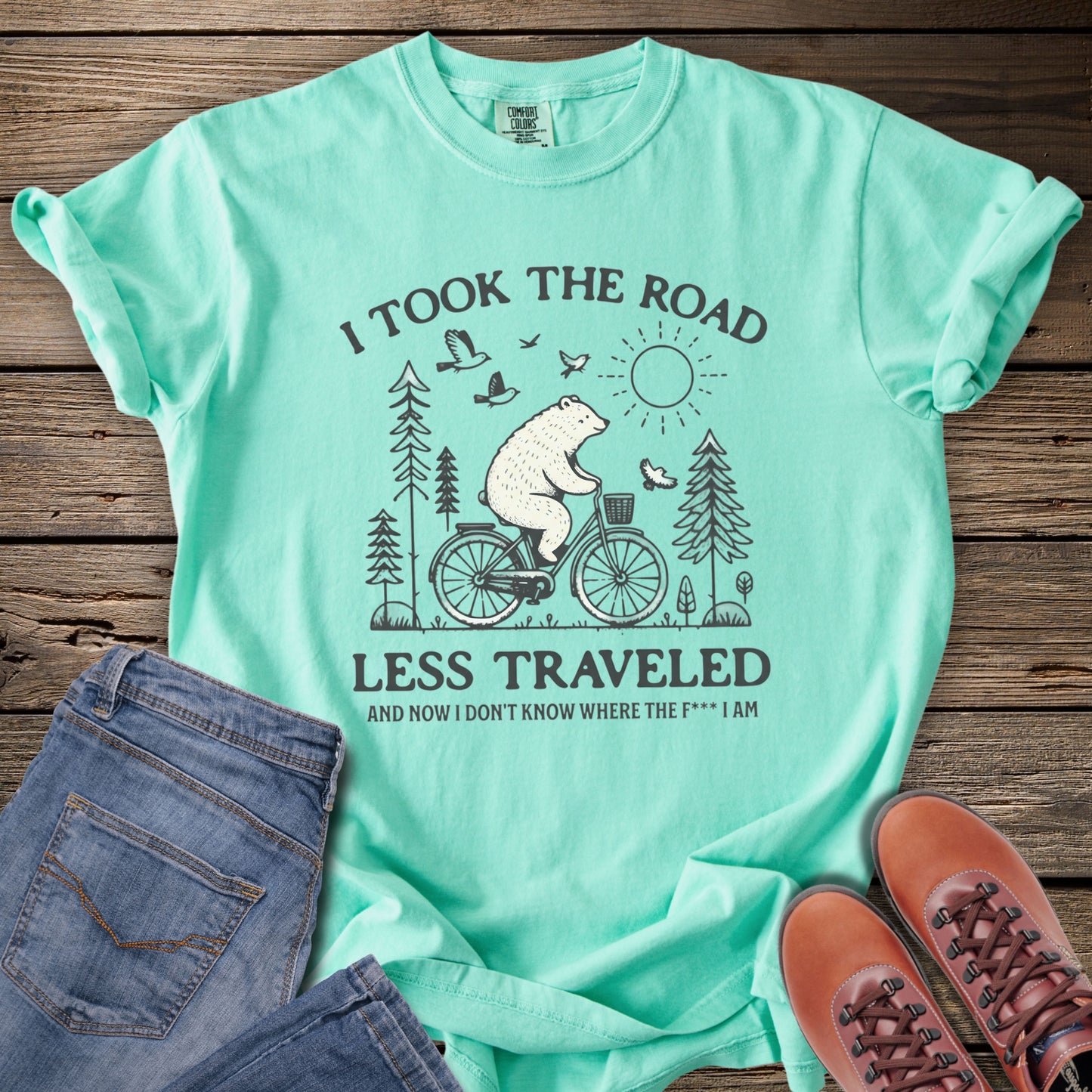 'I Took The Road Less Traveled' Bear Biking Vintage T-Shirt