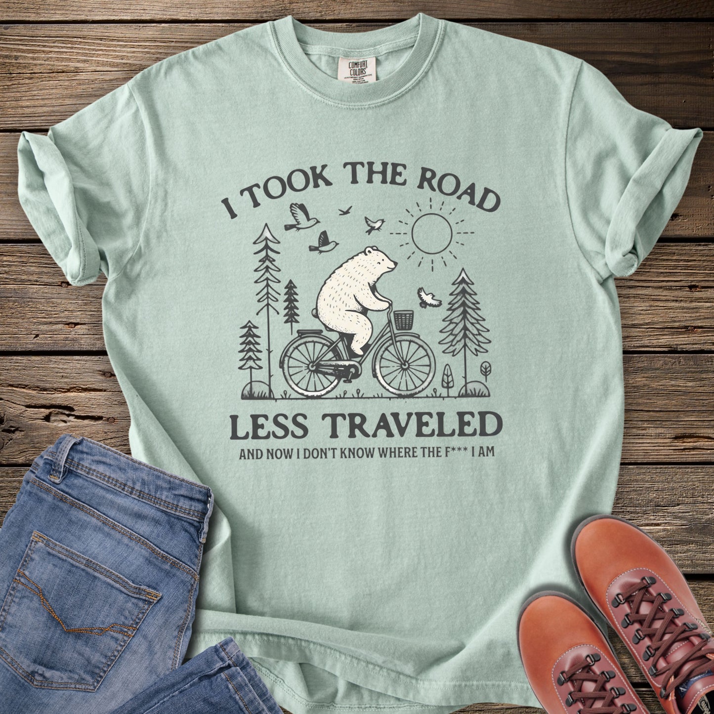 'I Took The Road Less Traveled' Bear Biking Vintage T-Shirt