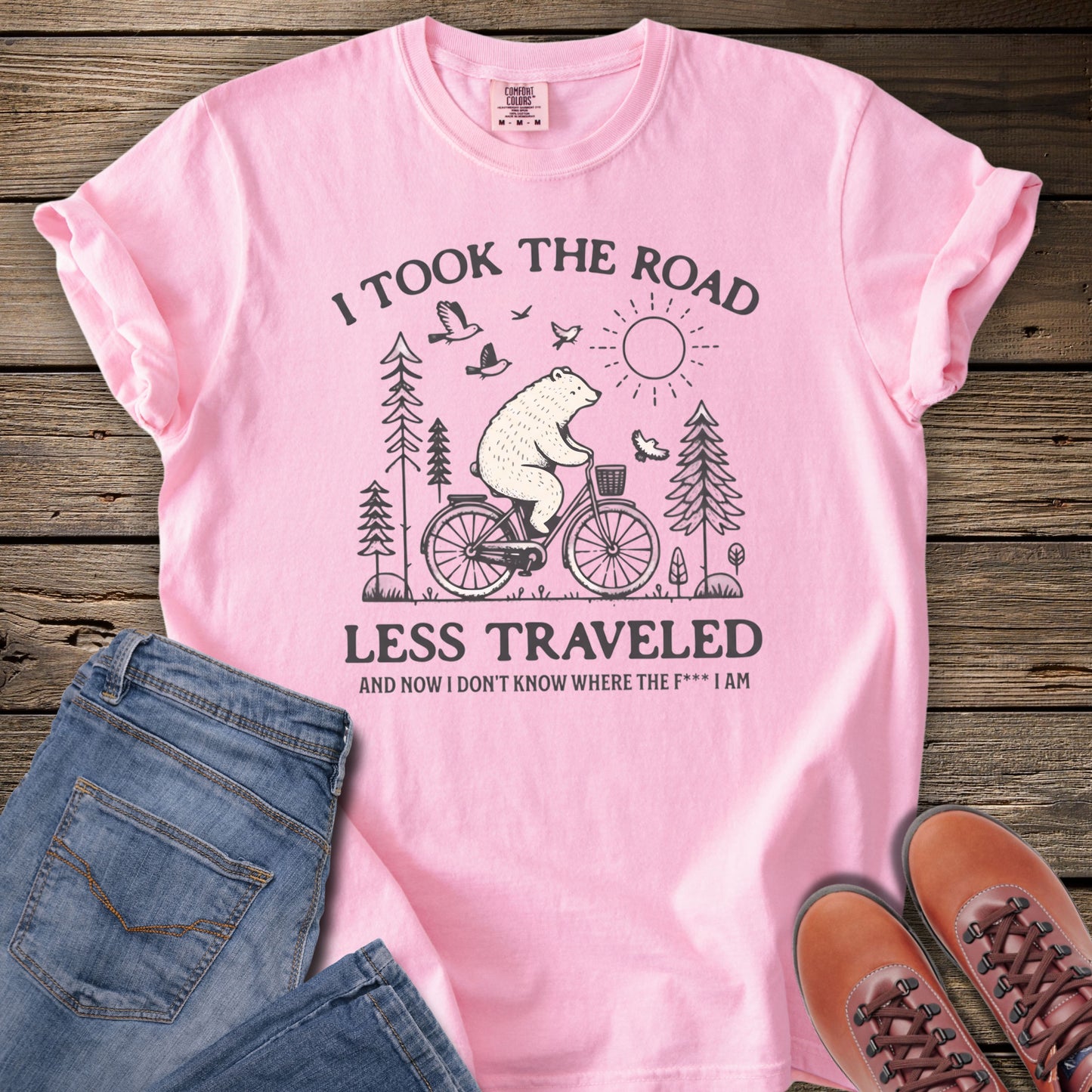 'I Took The Road Less Traveled' Bear Biking Vintage T-Shirt