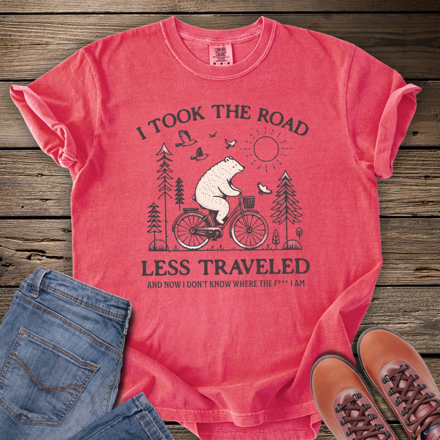 'I Took The Road Less Traveled' Bear Biking Vintage T-Shirt