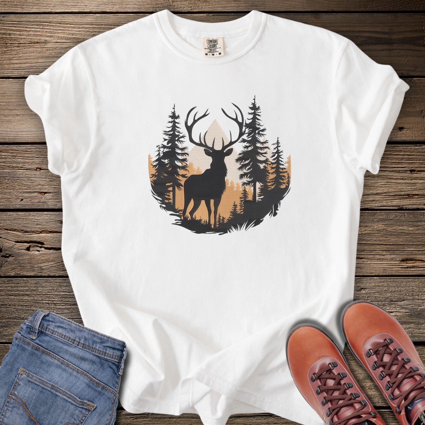 Faux Embroidery Golden Range Elk T-Shirt