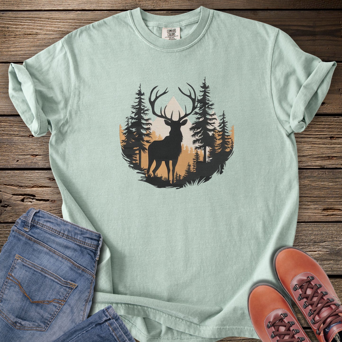 Faux Embroidery Golden Range Elk T-Shirt