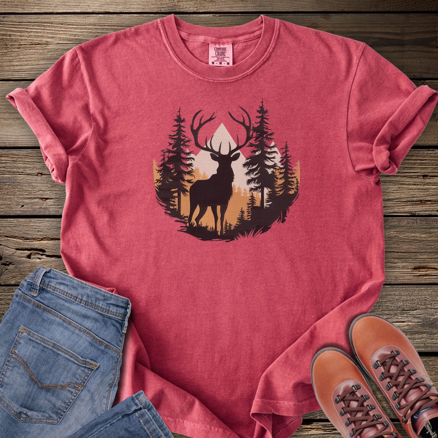 Faux Embroidery Golden Range Elk T-Shirt