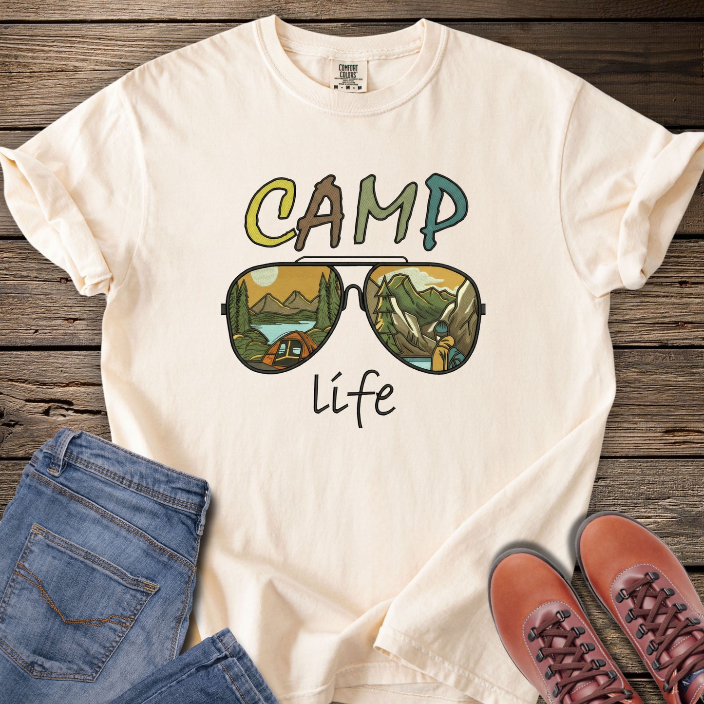Faux Embroidery Camp Life Sunglasses T-Shirt
