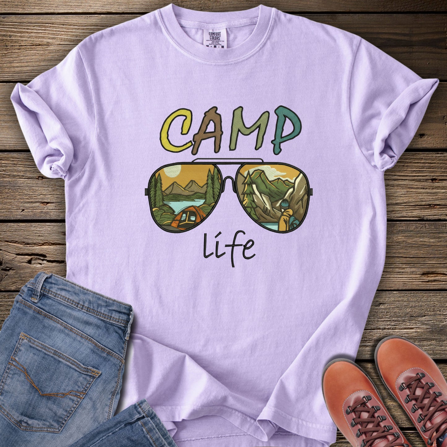 Faux Embroidery Camp Life Sunglasses T-Shirt