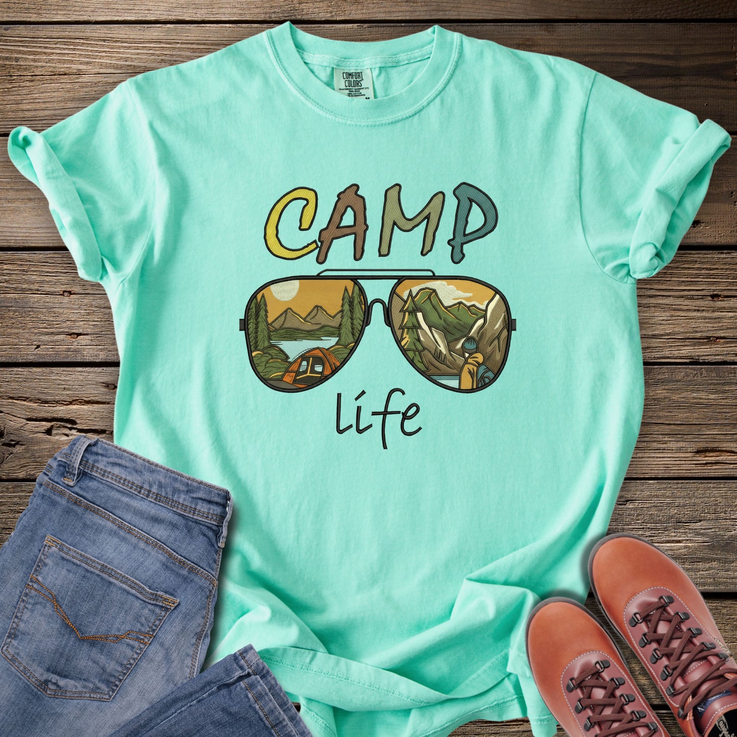 Faux Embroidery Camp Life Sunglasses T-Shirt