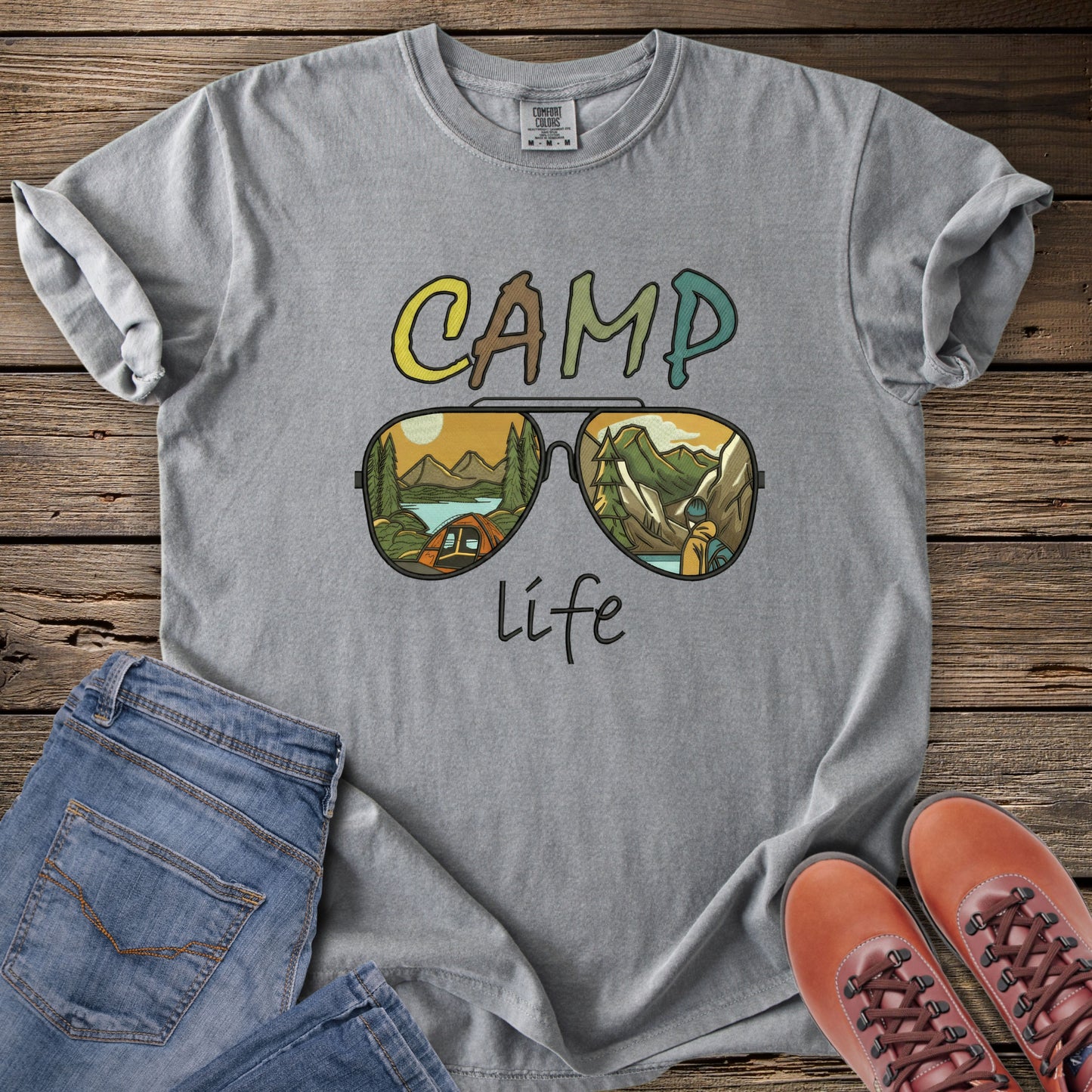 Faux Embroidery Camp Life Sunglasses T-Shirt