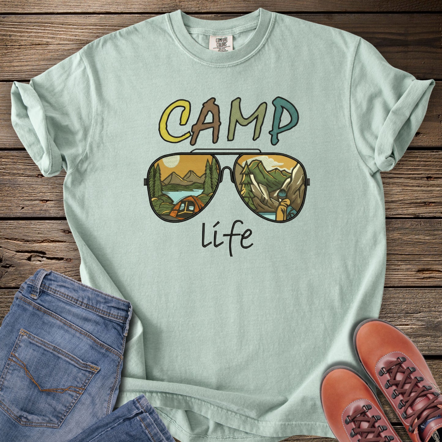 Faux Embroidery Camp Life Sunglasses T-Shirt