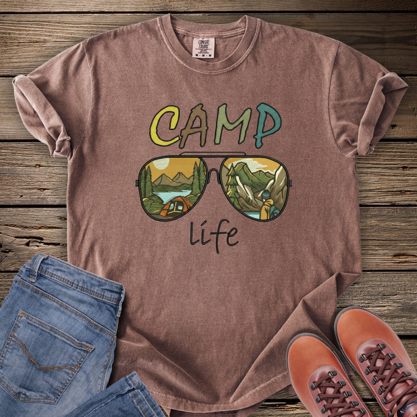 Faux Embroidery Camp Life Sunglasses T-Shirt