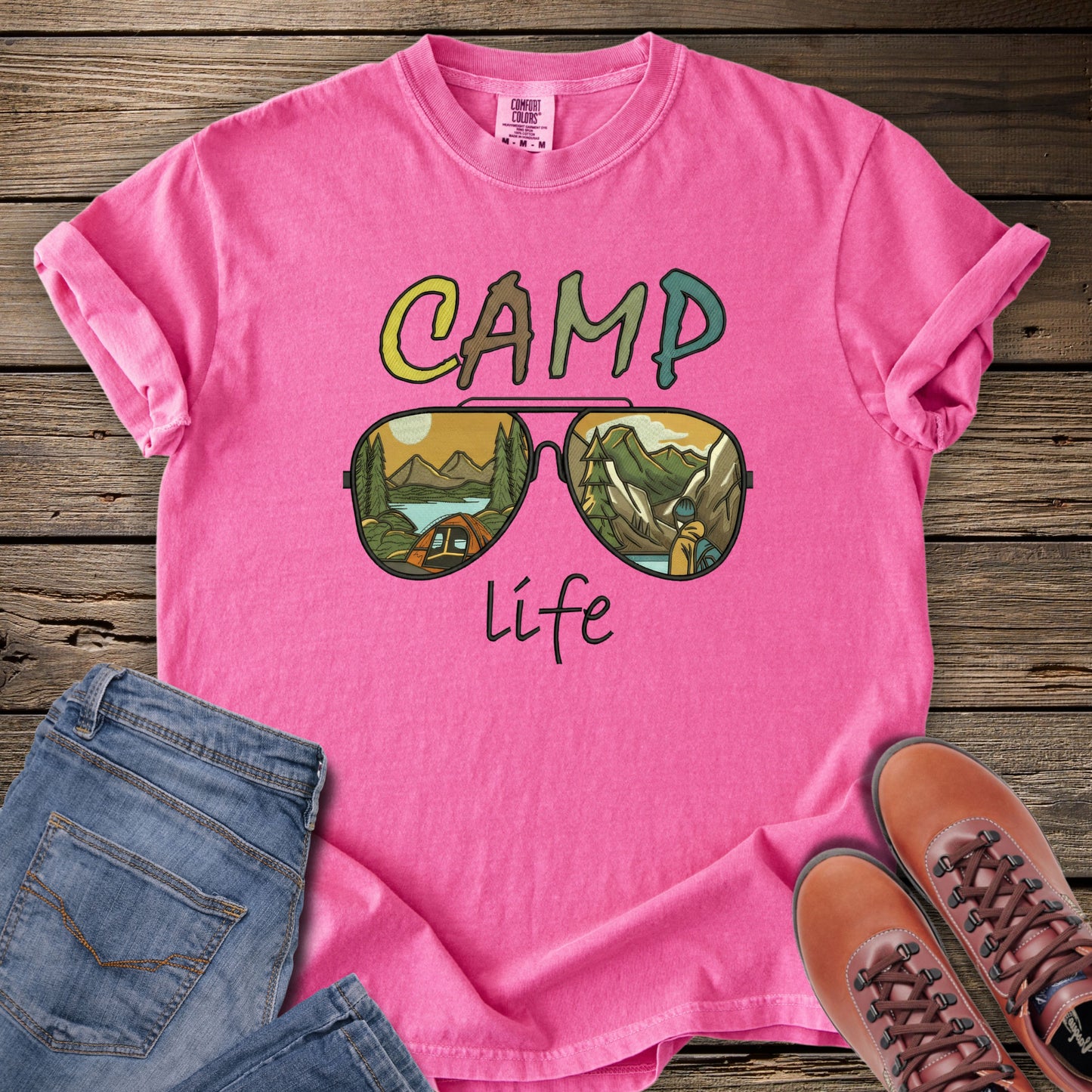 Faux Embroidery Camp Life Sunglasses T-Shirt