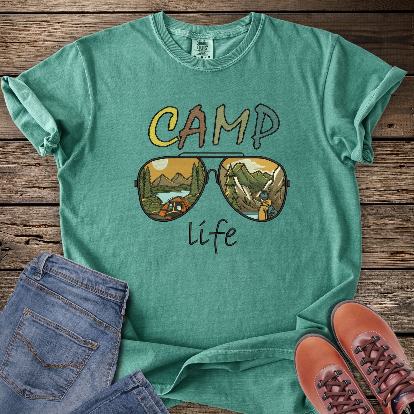 Faux Embroidery Camp Life Sunglasses T-Shirt