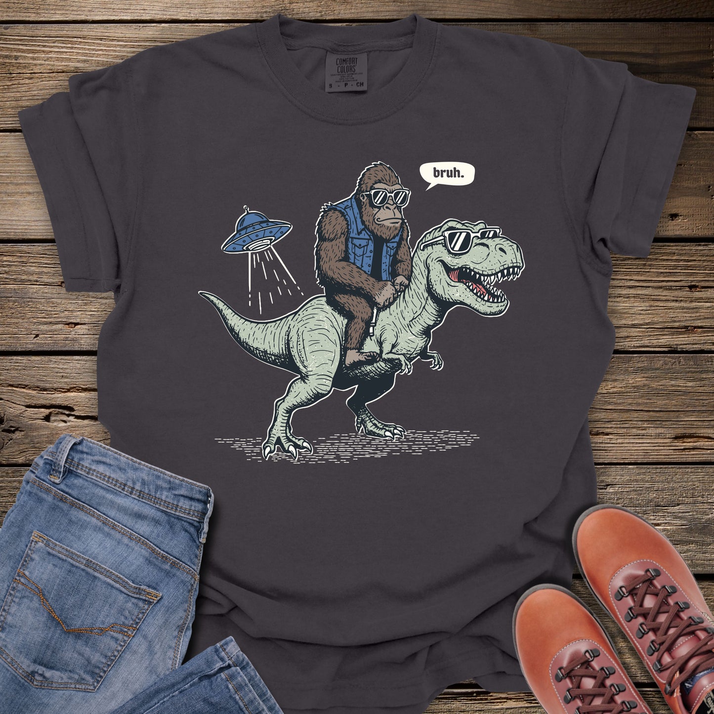 Sasquatch Riding T-Rex T-Shirt