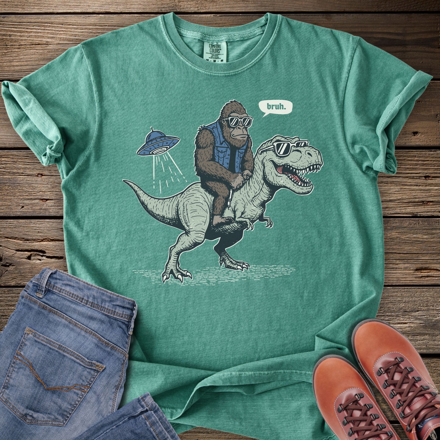 Sasquatch Riding T-Rex T-Shirt
