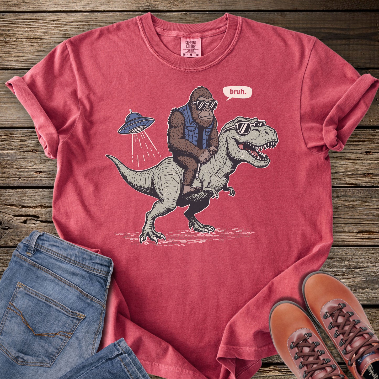 Sasquatch Riding T-Rex T-Shirt