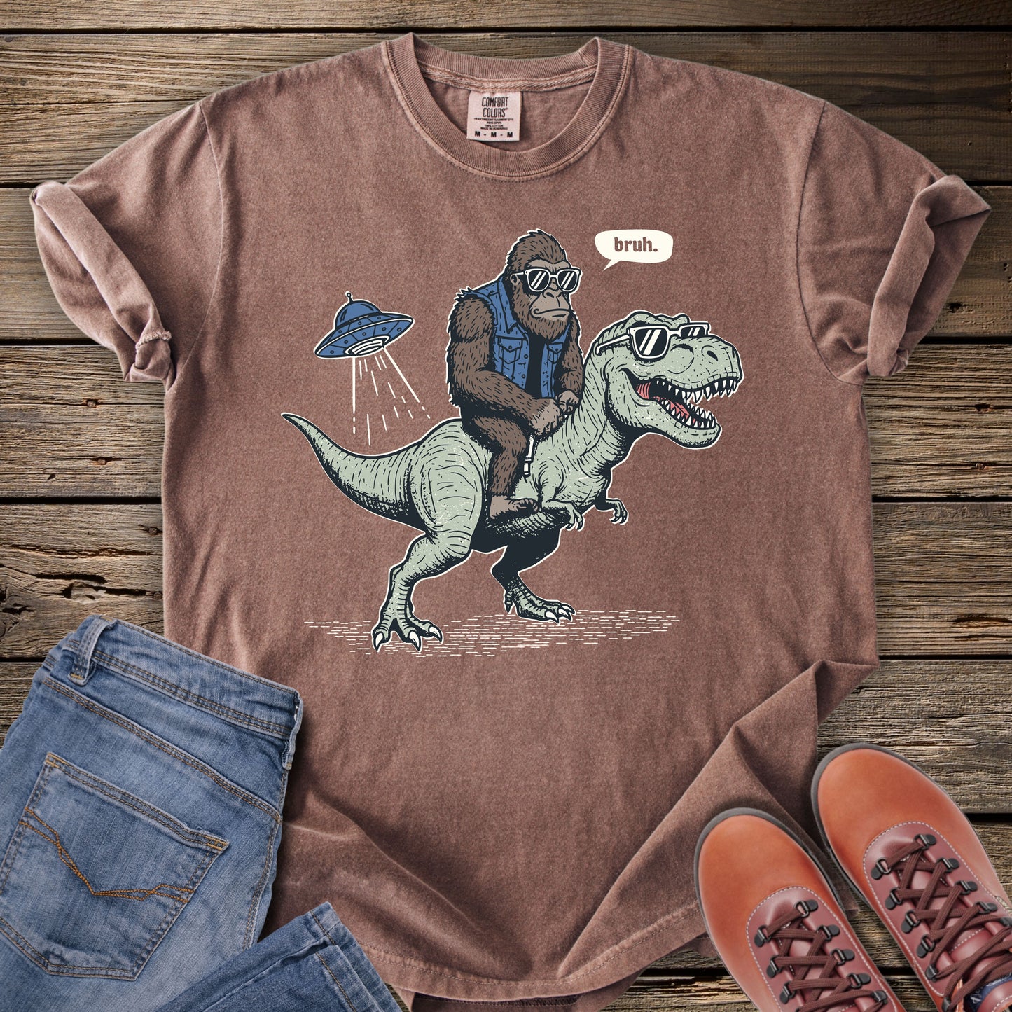 Sasquatch Riding T-Rex T-Shirt
