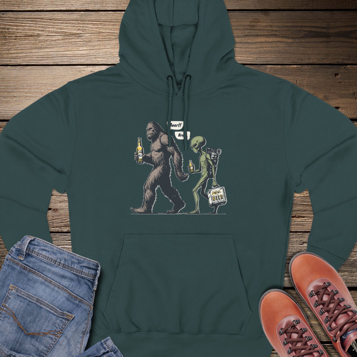 Sasquatch & Alien Beer Walk Premium Hoodie