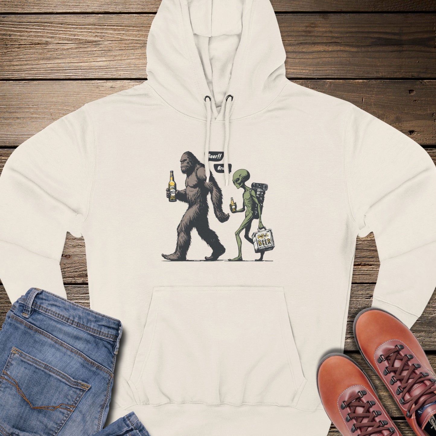 Sasquatch & Alien Beer Walk Premium Hoodie