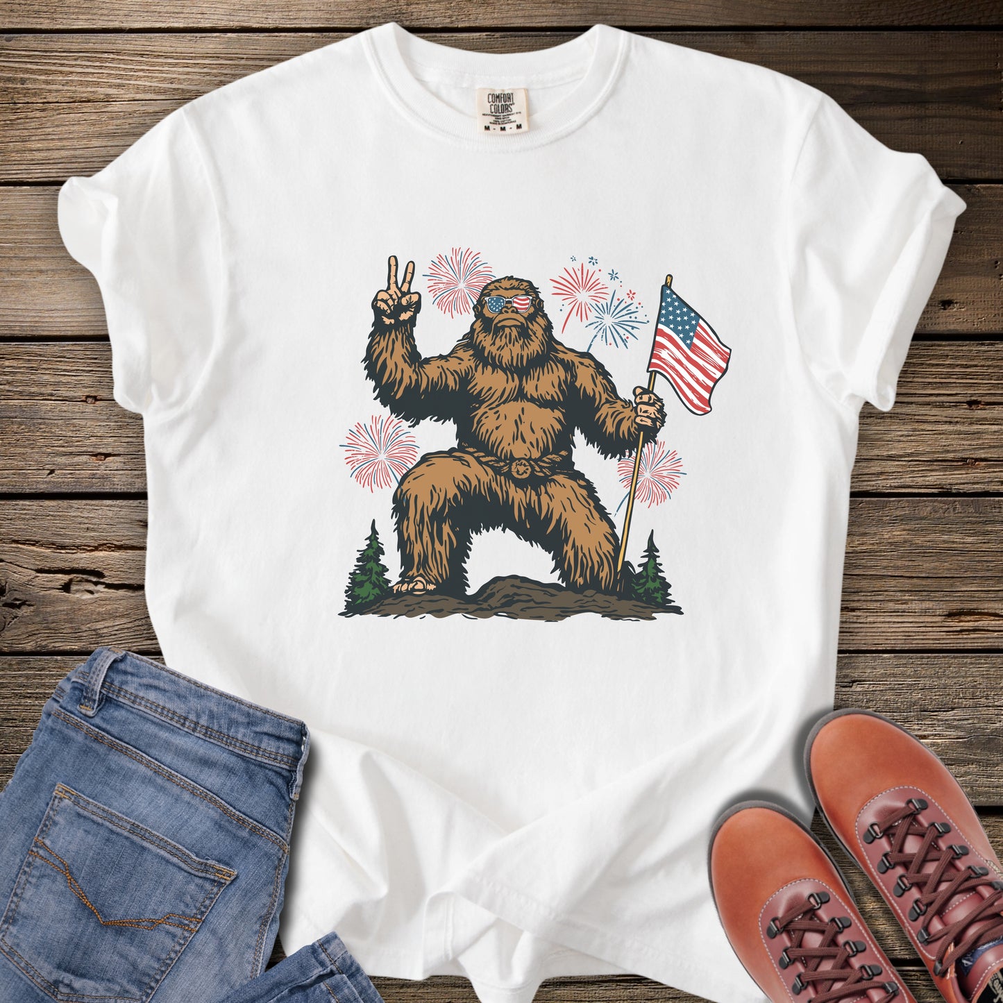 Bigfoot Holding American Flag T-Shirt