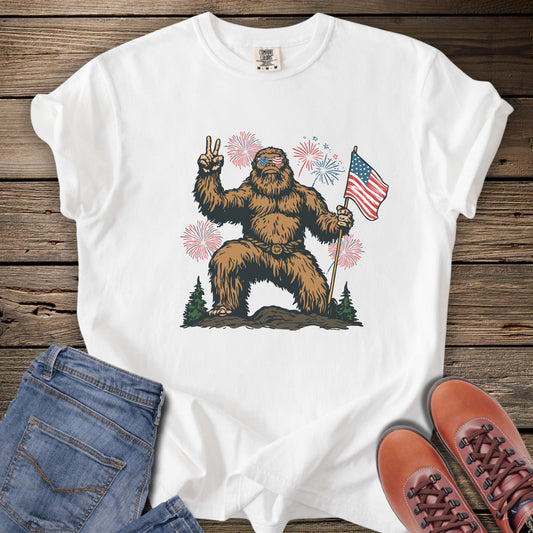 Bigfoot Holding American Flag T-Shirt