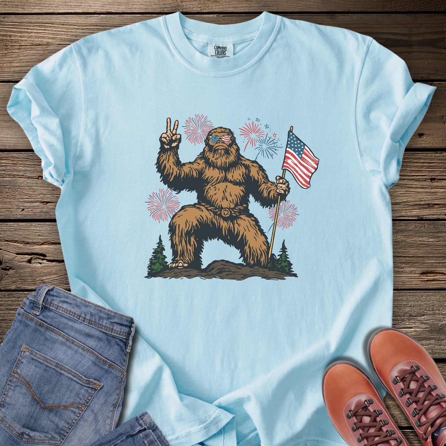 Bigfoot Holding American Flag T-Shirt