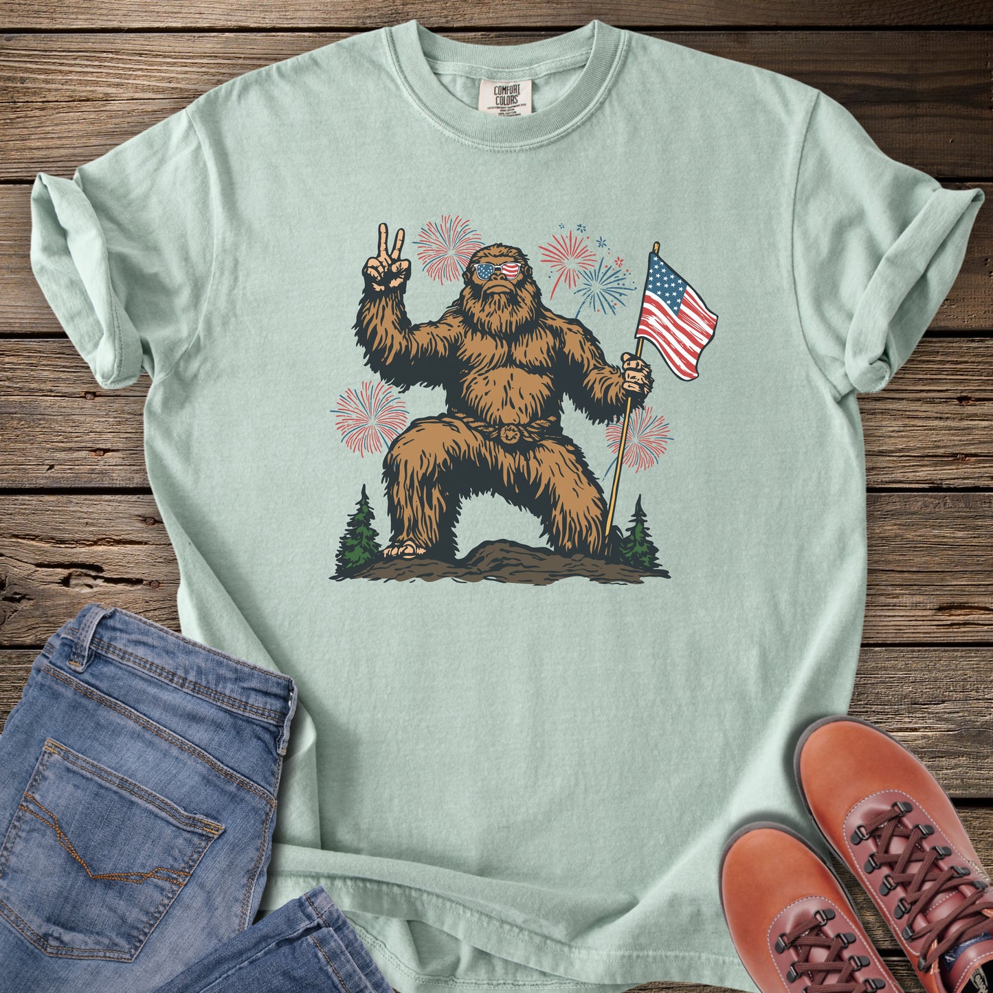 Bigfoot Holding American Flag T-Shirt