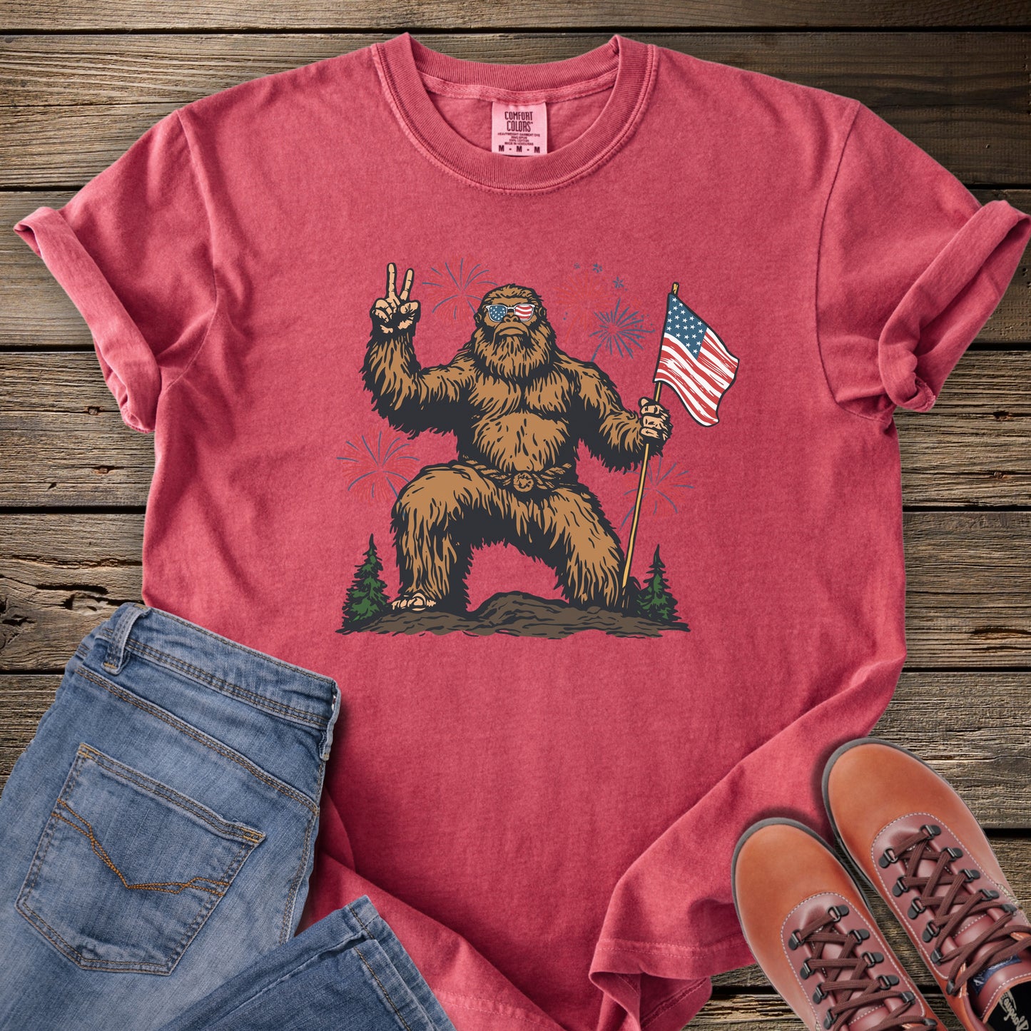 Bigfoot Holding American Flag T-Shirt