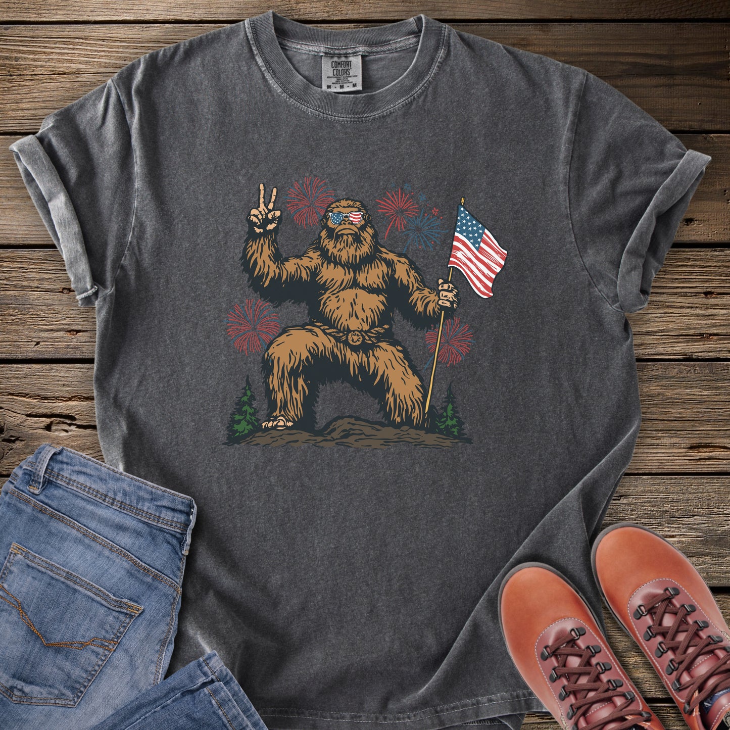 Bigfoot Holding American Flag T-Shirt
